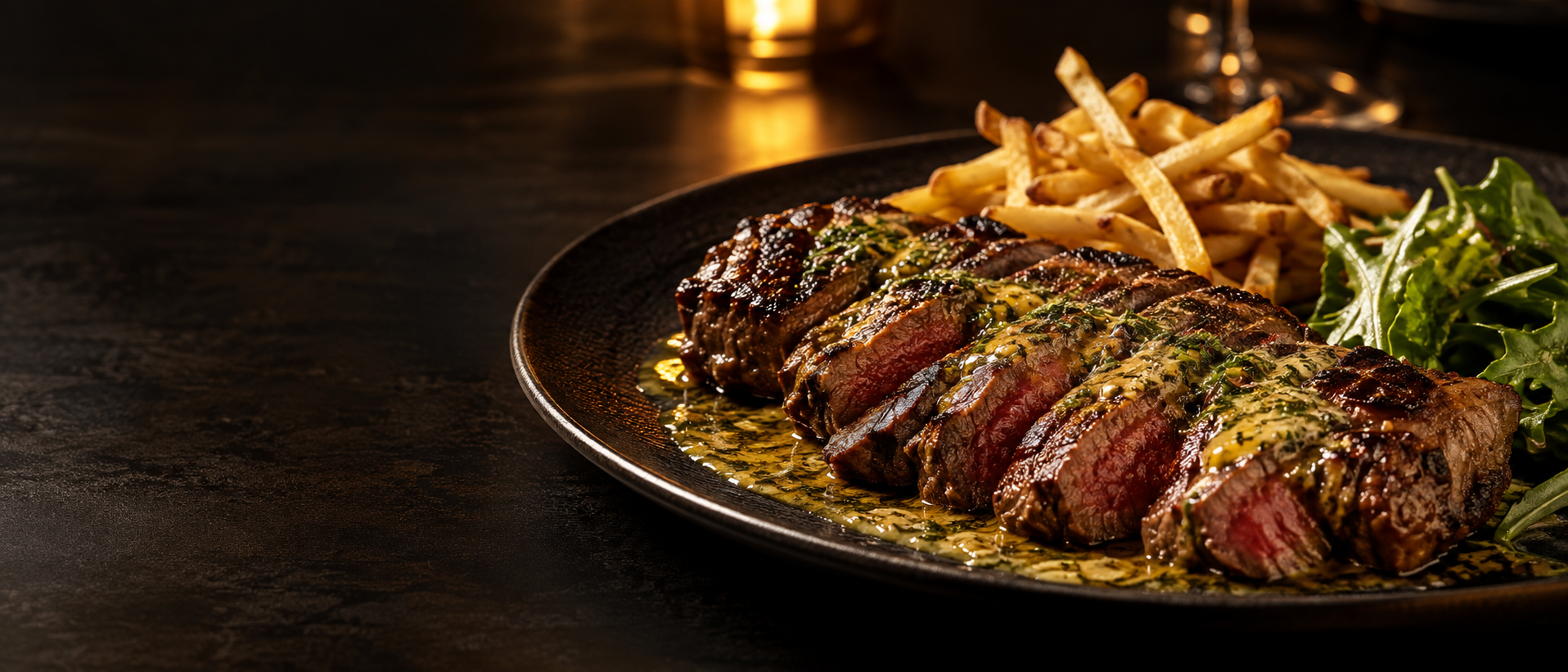Sliced steak in golden butter sauce, with fries and fresh greens