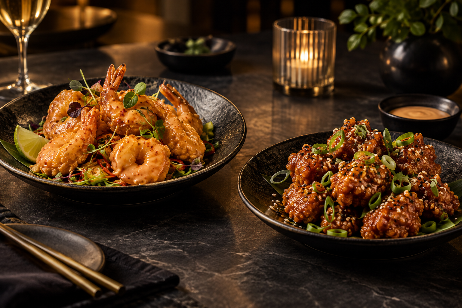 Dynamite prawns and Chicken Bang Bang on dark plates